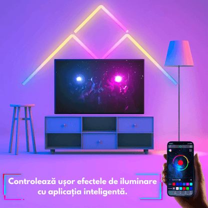 Set 6 Bare LED RGBIC Inteligente Elindor® Wall Light, Wi-Fi, Sincronizare Muzică, Compatibile Google Assistant/Alexa, 180 cm (6 x 30 cm)