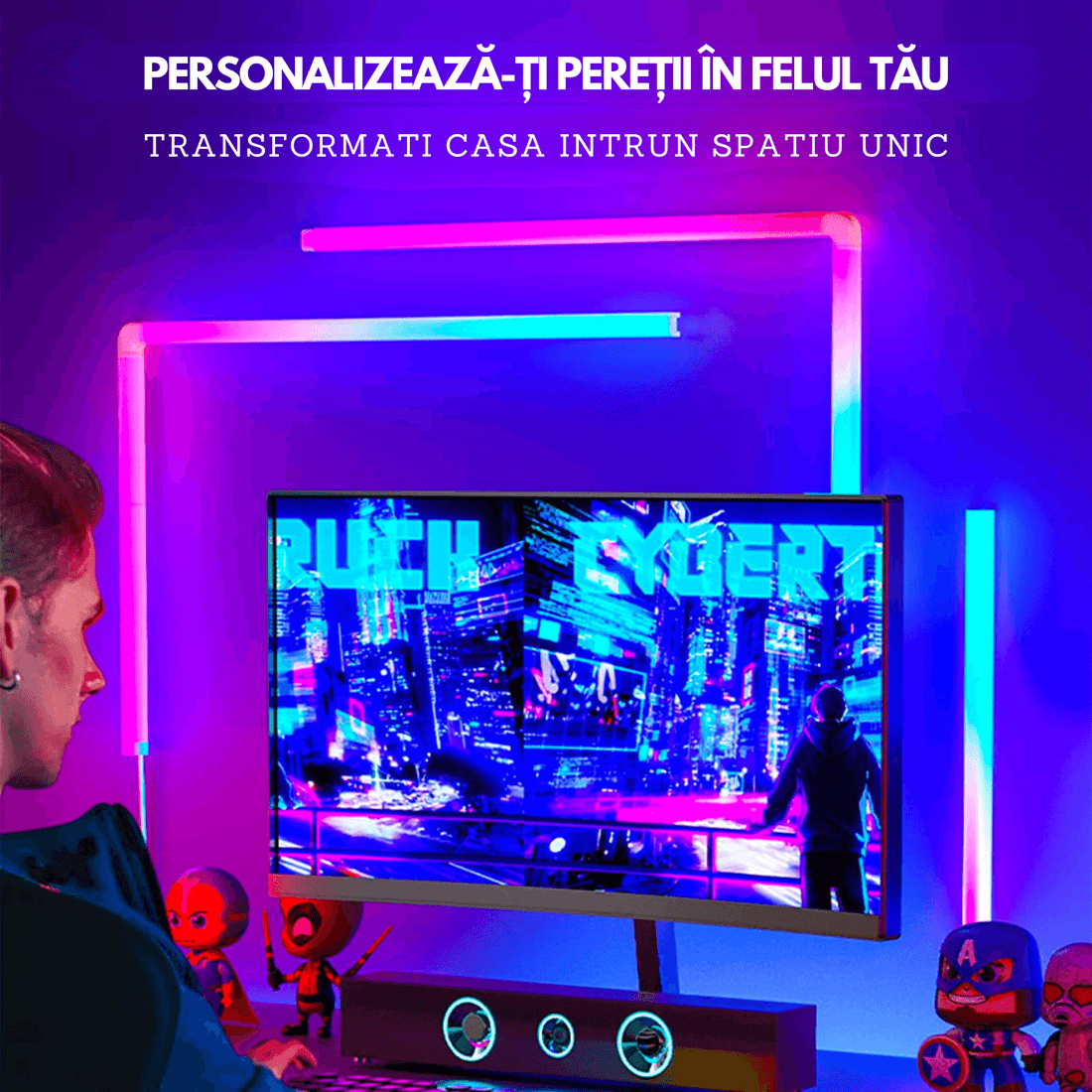 Set 6 Bare LED RGBIC Inteligente Elindor® Wall Light, Wi-Fi, Sincronizare Muzică, Compatibile Google Assistant/Alexa, 180 cm (6 x 30 cm)