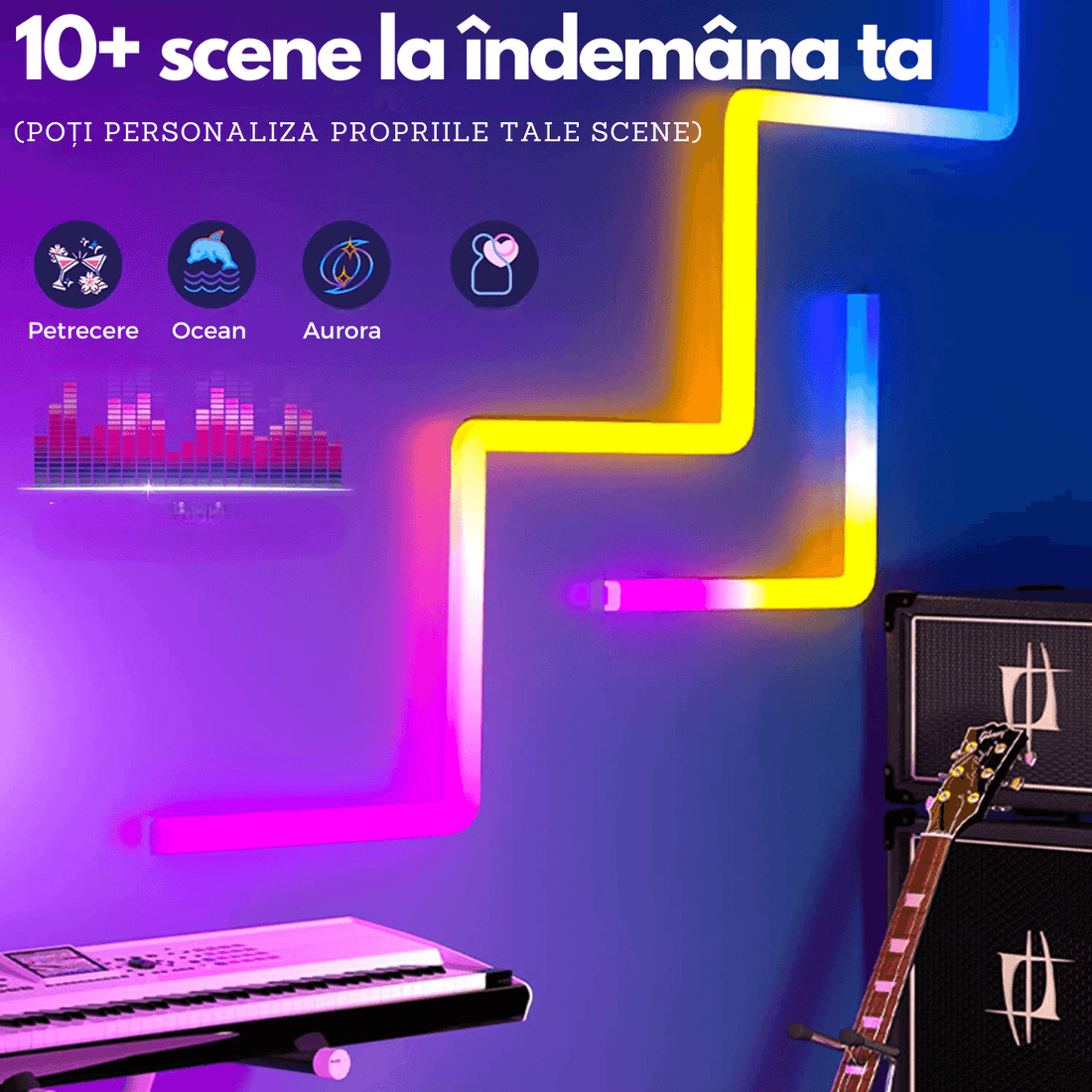 Set 6 Bare LED RGBIC Inteligente Elindor® Wall Light, Wi-Fi, Sincronizare Muzică, Compatibile Google Assistant/Alexa, 180 cm (6 x 30 cm)