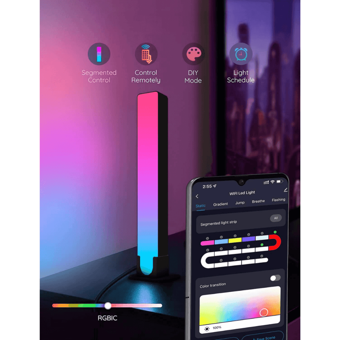 Bare LED RGB Inteligente Elindor®, Control Aplicatie, Sincronizare Muzicală, Bluetooth, Lumini Ambientale, Multicolore