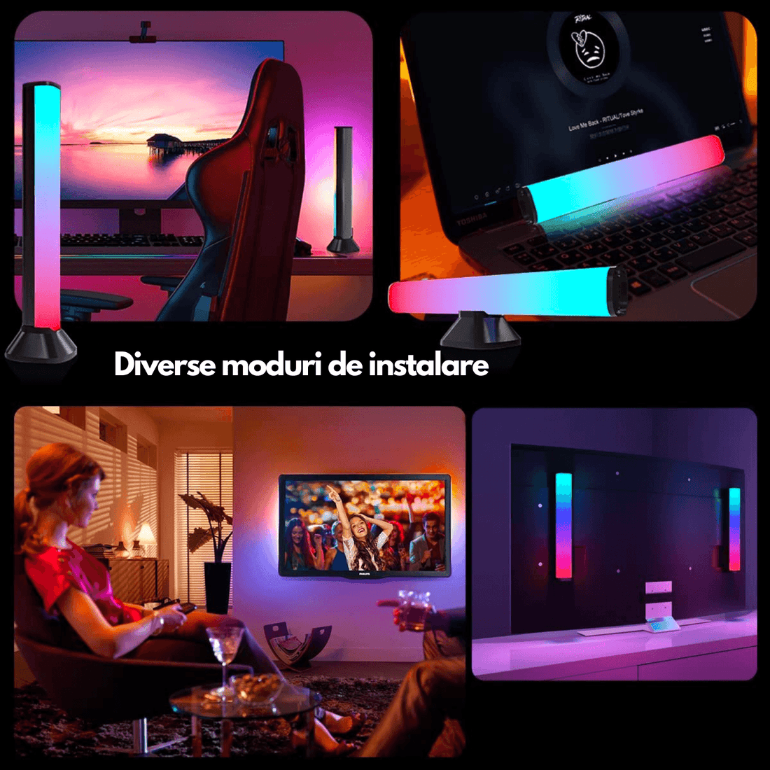 Bare LED RGB Inteligente Elindor®, Control Aplicatie, Sincronizare Muzicală, Bluetooth, Lumini Ambientale, Multicolore