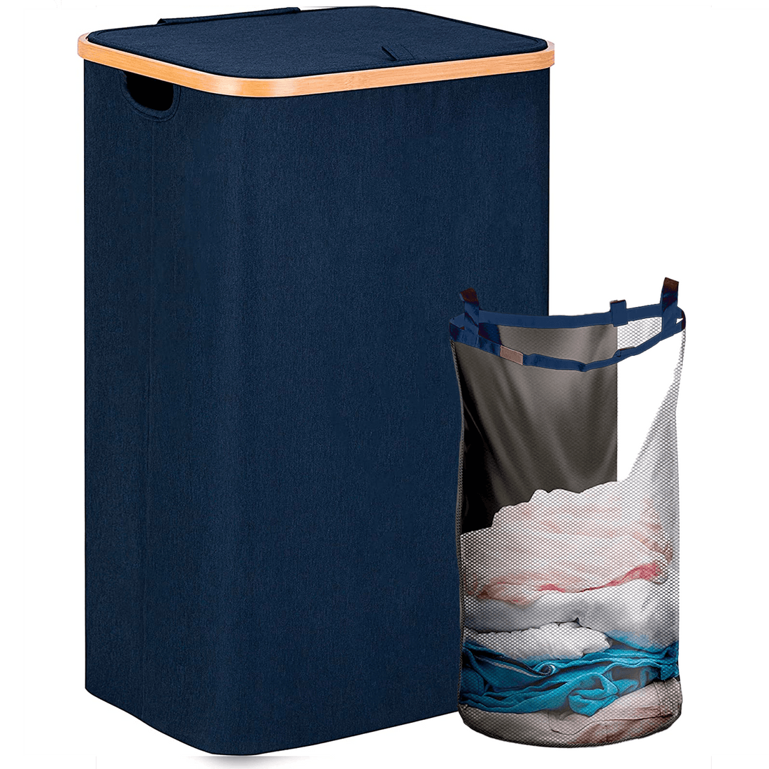 Coș de Rufe Bambus, Pliabil, cu Capac și Sac Detașabil, 100 L, 74 x 41 x 33 cm, Material Textil, Albastru