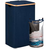 Coș de Rufe Bambus, Pliabil, cu Capac și Sac Detașabil, 100 L, 74 x 41 x 33 cm, Material Textil, Albastru