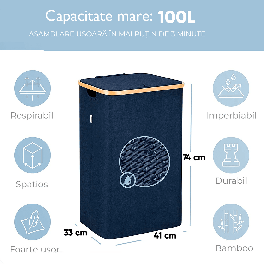 Coș de Rufe Bambus, Pliabil, cu Capac și Sac Detașabil, 100 L, 74 x 41 x 33 cm, Material Textil, Albastru