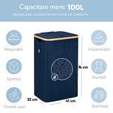 Coș de Rufe Bambus, Pliabil, cu Capac și Sac Detașabil, 100 L, 74 x 41 x 33 cm, Material Textil, Albastru