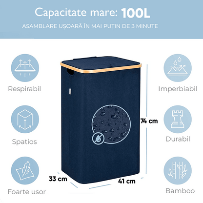Coș de Rufe Bambus, Pliabil, cu Capac și Sac Detașabil, 100 L, 74 x 41 x 33 cm, Material Textil, Albastru