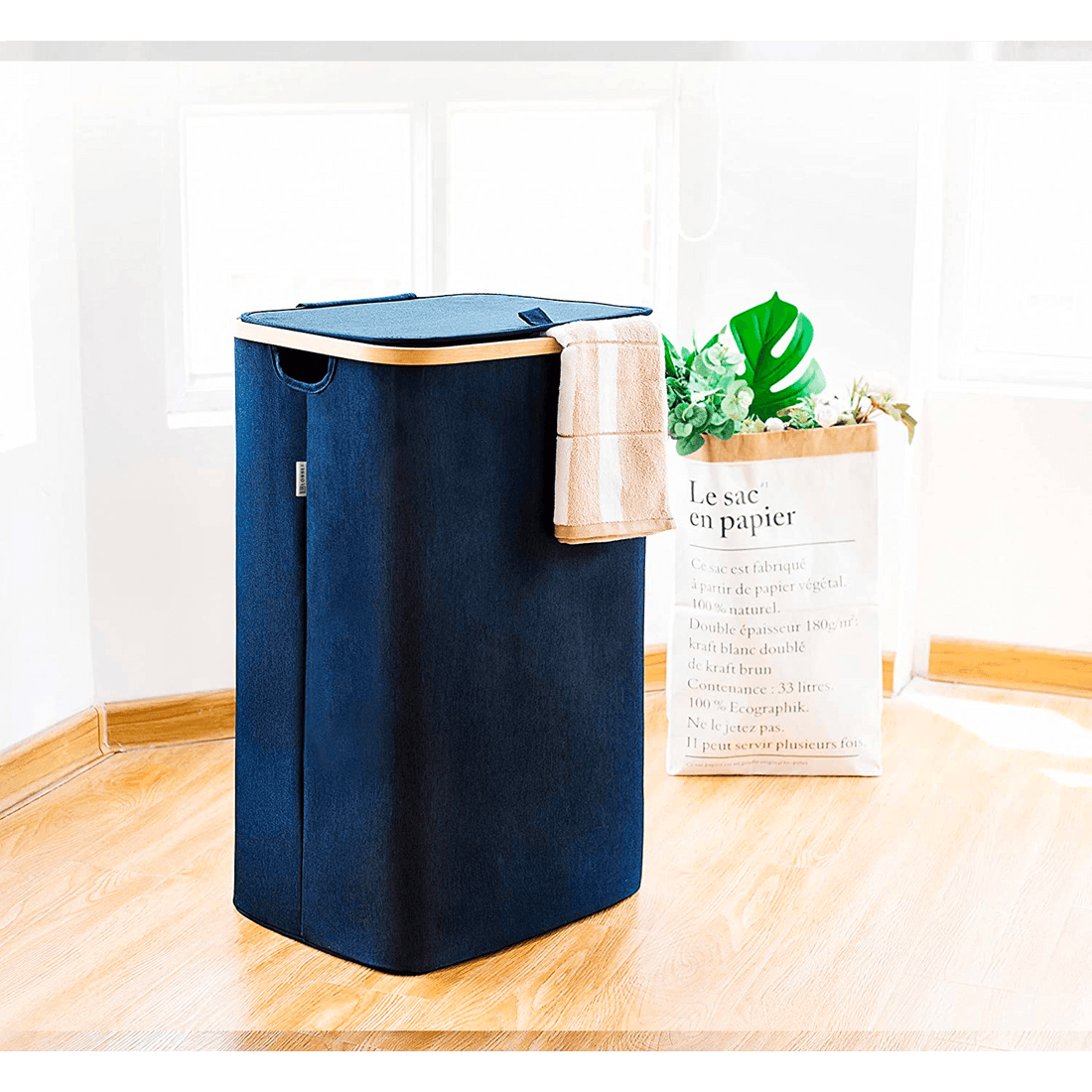 Coș de Rufe Bambus, Pliabil, cu Capac și Sac Detașabil, 100 L, 74 x 41 x 33 cm, Material Textil, Albastru