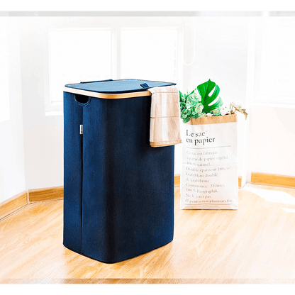 Coș de Rufe Bambus, Pliabil, cu Capac și Sac Detașabil, 100 L, 74 x 41 x 33 cm, Material Textil, Albastru