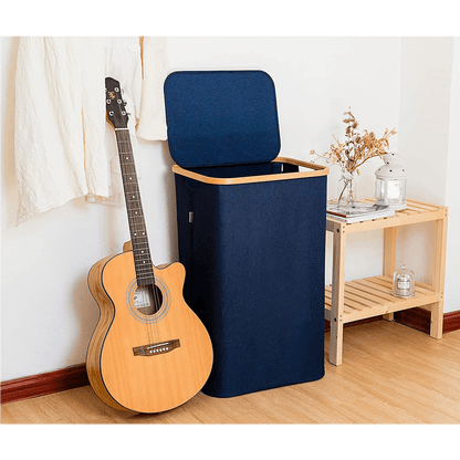 Coș de Rufe Bambus, Pliabil, cu Capac și Sac Detașabil, 100 L, 74 x 41 x 33 cm, Material Textil, Albastru