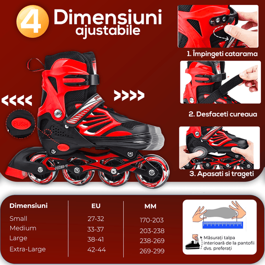 Role Reglabile M 33-37, Roți Luminoase Silicon, Rulmenți ABEC-7, Roșu