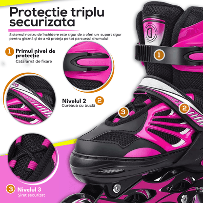 Role Reglabile L 38-41, Roți Luminoase Silicon, Rulmenți ABEC-7, Roz