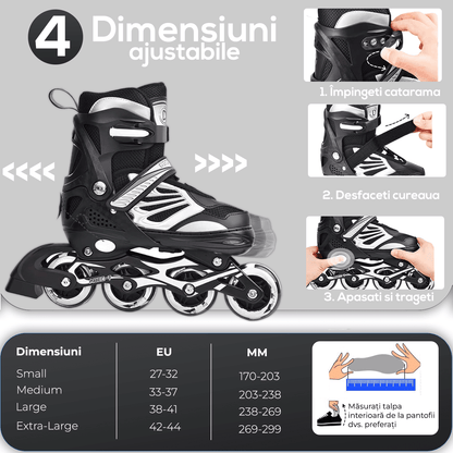 Role Reglabile S 27-32, Roți Luminoase Silicon, Rulmenți ABEC-7, Negru