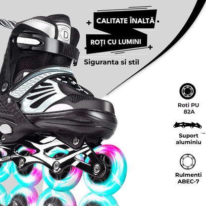 Role Reglabile S 27-32, Roți Luminoase Silicon, Rulmenți ABEC-7, Negru