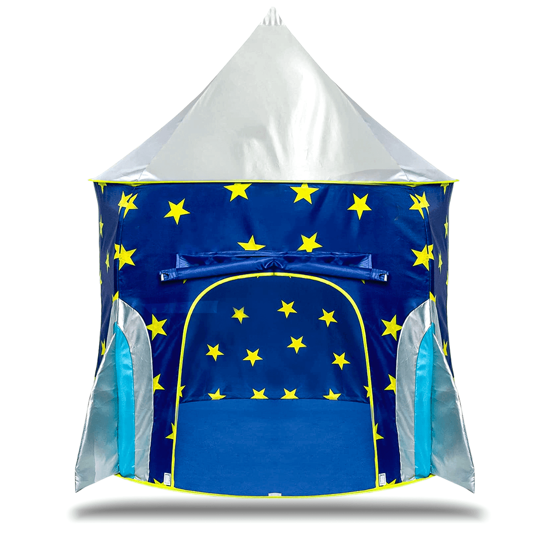 Cort de joacă pentru copii pliabil, rachetă spațială, cu perdea moale și plasă de ventilare, cadru rezistent, interior/exterior, 135 x 105 cm, albastru.
