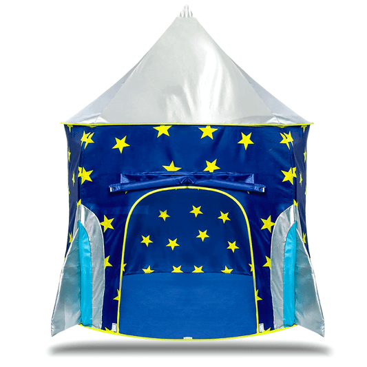 Cort de joacă pentru copii pliabil, rachetă spațială, cu perdea moale și plasă de ventilare, cadru rezistent, interior/exterior, 135 x 105 cm, albastru.