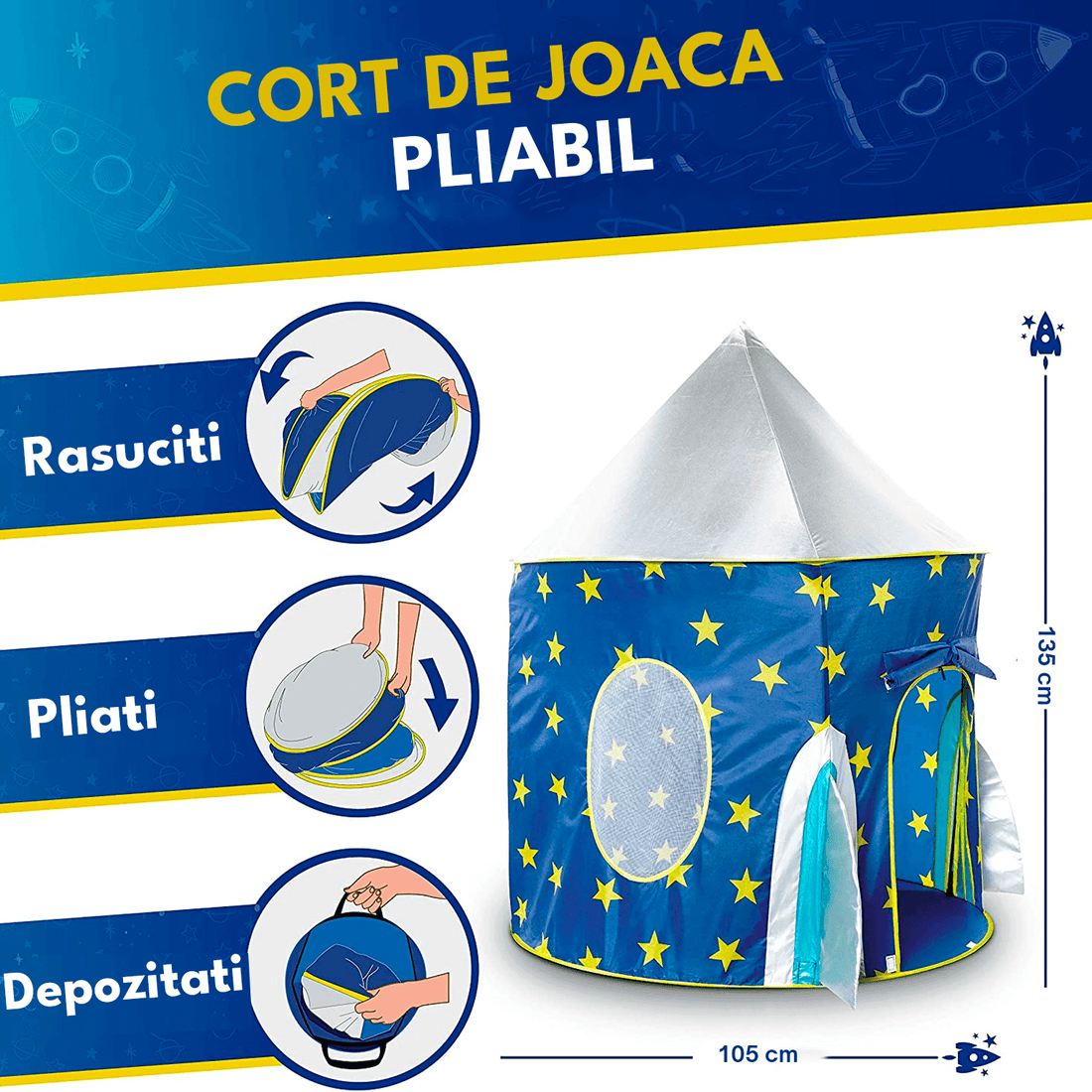 Cort de joacă pentru copii pliabil, rachetă spațială, cu perdea moale și plasă de ventilare, cadru rezistent, interior/exterior, 135 x 105 cm, albastru.