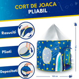 Cort de joacă pentru copii pliabil, rachetă spațială, cu perdea moale și plasă de ventilare, cadru rezistent, interior/exterior, 135 x 105 cm, albastru.