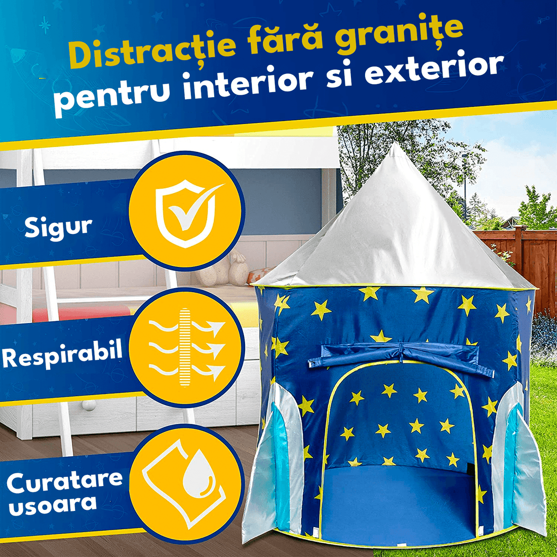 Cort de joacă pentru copii pliabil, rachetă spațială, cu perdea moale și plasă de ventilare, cadru rezistent, interior/exterior, 135 x 105 cm, albastru.