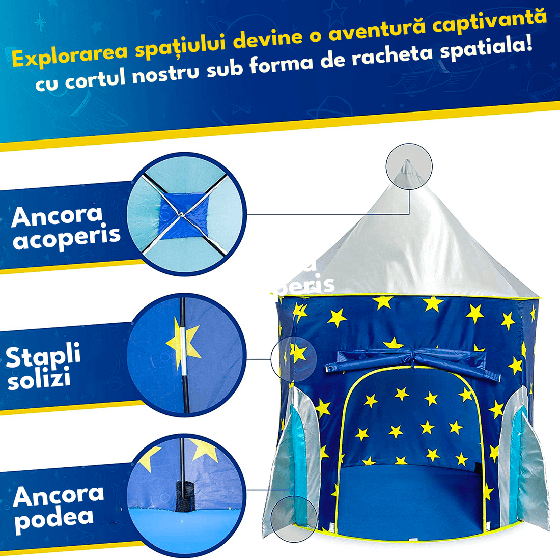 Cort de joacă pentru copii pliabil, rachetă spațială, cu perdea moale și plasă de ventilare, cadru rezistent, interior/exterior, 135 x 105 cm, albastru.