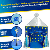 Cort de joacă pentru copii pliabil, rachetă spațială, cu perdea moale și plasă de ventilare, cadru rezistent, interior/exterior, 135 x 105 cm, albastru.