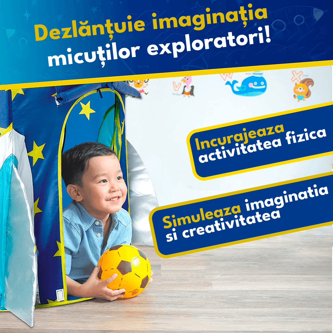 Cort de joacă pentru copii pliabil, rachetă spațială, cu perdea moale și plasă de ventilare, cadru rezistent, interior/exterior, 135 x 105 cm, albastru.