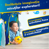 Cort de joacă pentru copii pliabil, rachetă spațială, cu perdea moale și plasă de ventilare, cadru rezistent, interior/exterior, 135 x 105 cm, albastru.