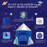 Cort de joacă pentru copii pliabil, rachetă spațială, cu perdea moale și plasă de ventilare, cadru rezistent, interior/exterior, 135 x 105 cm, albastru.