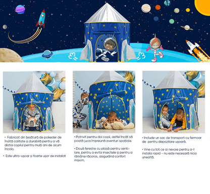 Cort de joacă pentru copii pliabil, rachetă spațială, cu perdea moale și plasă de ventilare, cadru rezistent, interior/exterior, 135 x 105 cm, albastru.