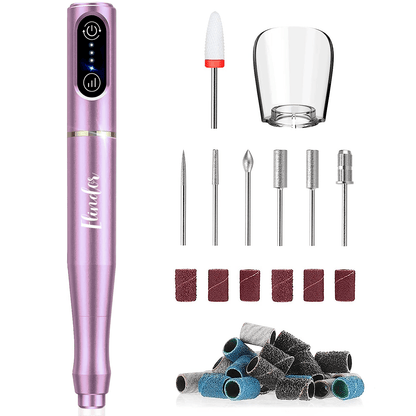 Freză unghii profesională wireless, 20.000 RPM, 6 capete, 60 benzi de șlefuire, roz