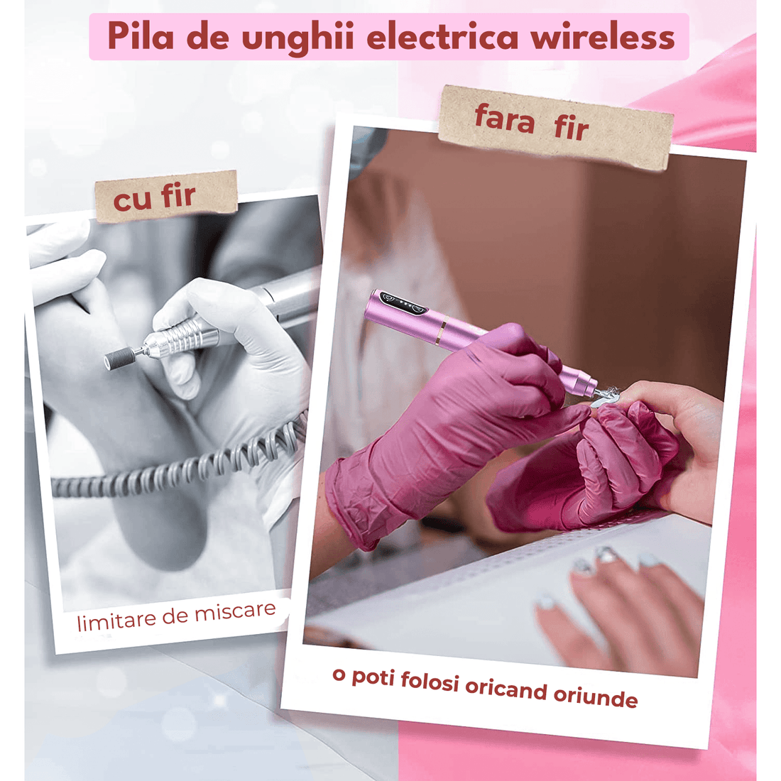 Freză unghii profesională wireless, 20.000 RPM, 6 capete, 60 benzi de șlefuire, roz