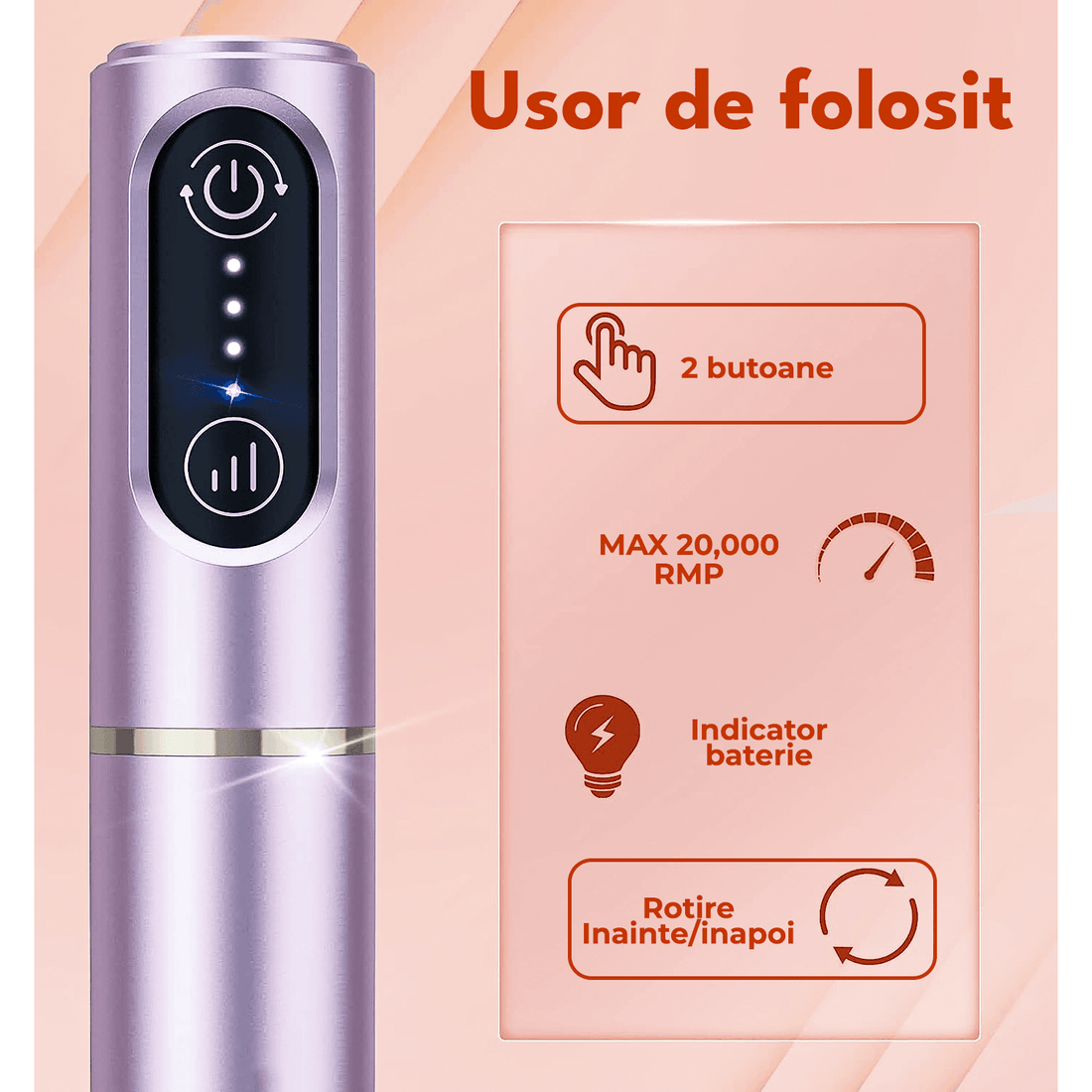 Freză unghii profesională wireless, 20.000 RPM, 6 capete, 60 benzi de șlefuire, roz