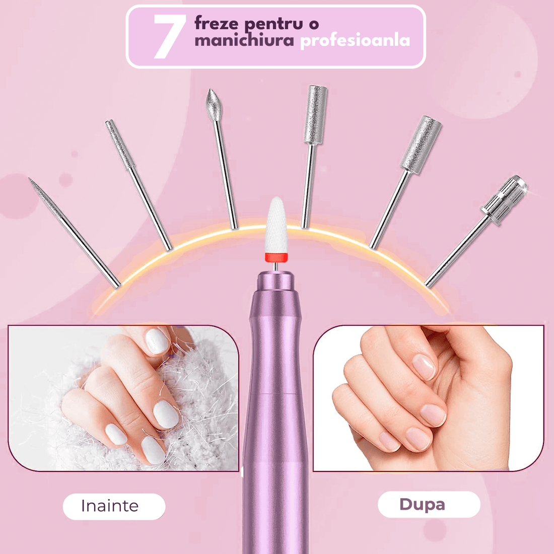 Freză unghii profesională wireless, 20.000 RPM, 6 capete, 60 benzi de șlefuire, roz
