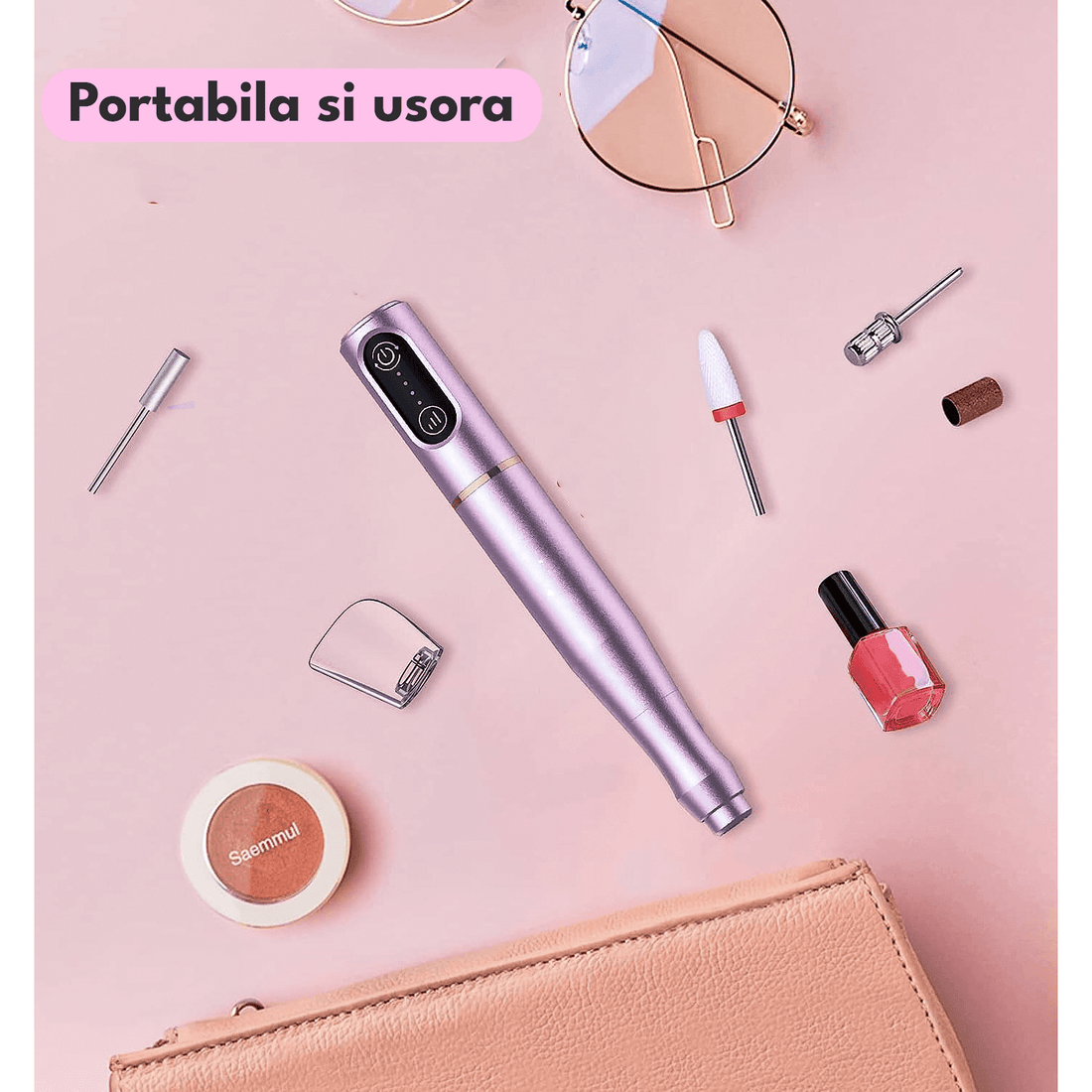 Freză unghii profesională wireless, 20.000 RPM, 6 capete, 60 benzi de șlefuire, roz