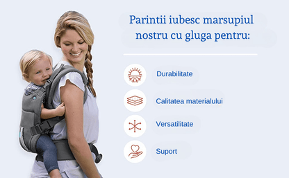 Marsupiu ergonomic cu glugă detașabilă, buzunar de depozitare și suport lombar, poziții spate sau rucsac, pentru nou-născuți și copii mici, gri.