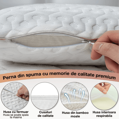 Perna Ortopedică Memory Foam, Suport Gât și Cervical, Husa Detasabilă, Ventilată, 60x40x14 cm, Alb