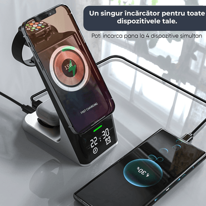 Încărcător Wireless Fast Charger 3 în 1, 15W, Negru, Compatibil cu iPhone, AirPods, Apple Watch, Android, Samsung, Huawei, Xiaomi