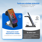 Încărcător Wireless Fast Charger 3 în 1, 15W, Negru, Compatibil cu iPhone, AirPods, Apple Watch, Android, Samsung, Huawei, Xiaomi