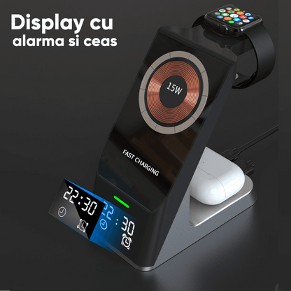 Încărcător Wireless Fast Charger 3 în 1, 15W, Negru, Compatibil cu iPhone, AirPods, Apple Watch, Android, Samsung, Huawei, Xiaomi