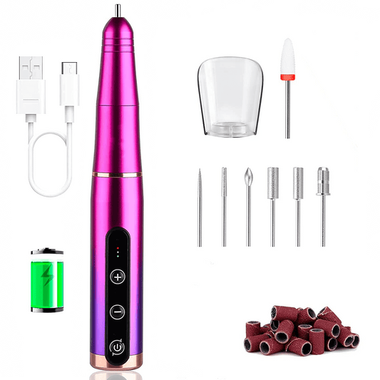 Freză unghii profesională wireless, 30.000 RPM, 7 capete, 5 viteze, roz/mov