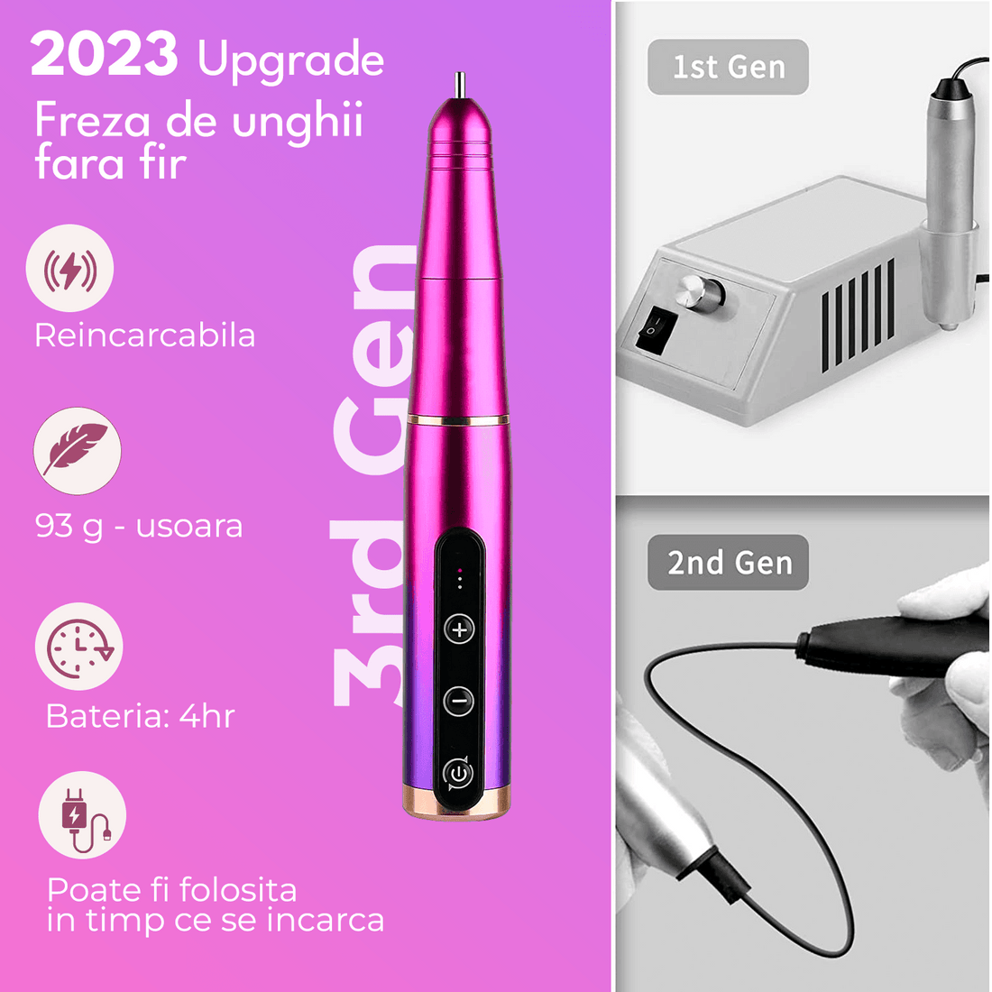 Freză unghii profesională wireless, 30.000 RPM, 7 capete, 5 viteze, roz/mov