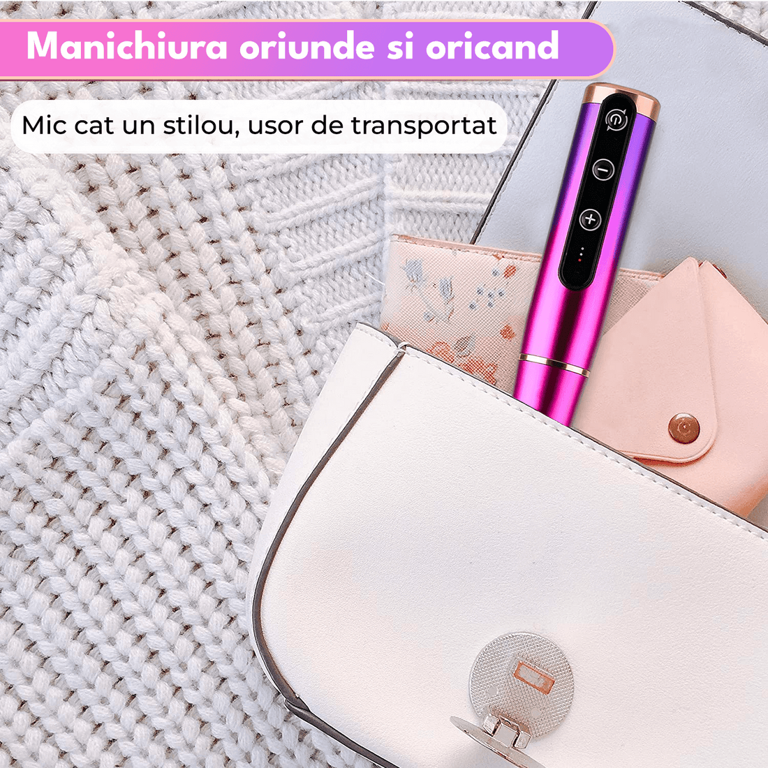 Freză unghii profesională wireless, 30.000 RPM, 7 capete, 5 viteze, roz/mov