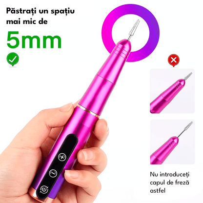 Freză unghii profesională wireless, 30.000 RPM, 7 capete, 5 viteze, roz/mov