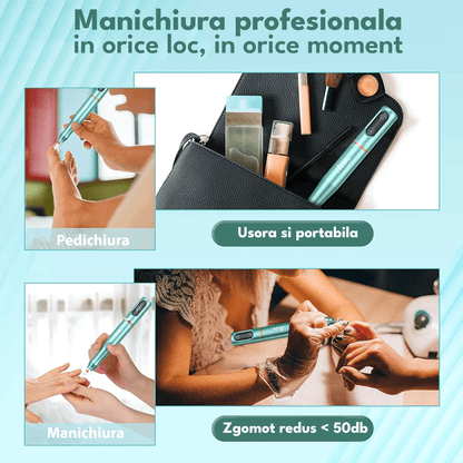 Freză unghii profesională wireless, 20.000 RPM, 6 capete, 60 benzi de șlefuire, verde deschis