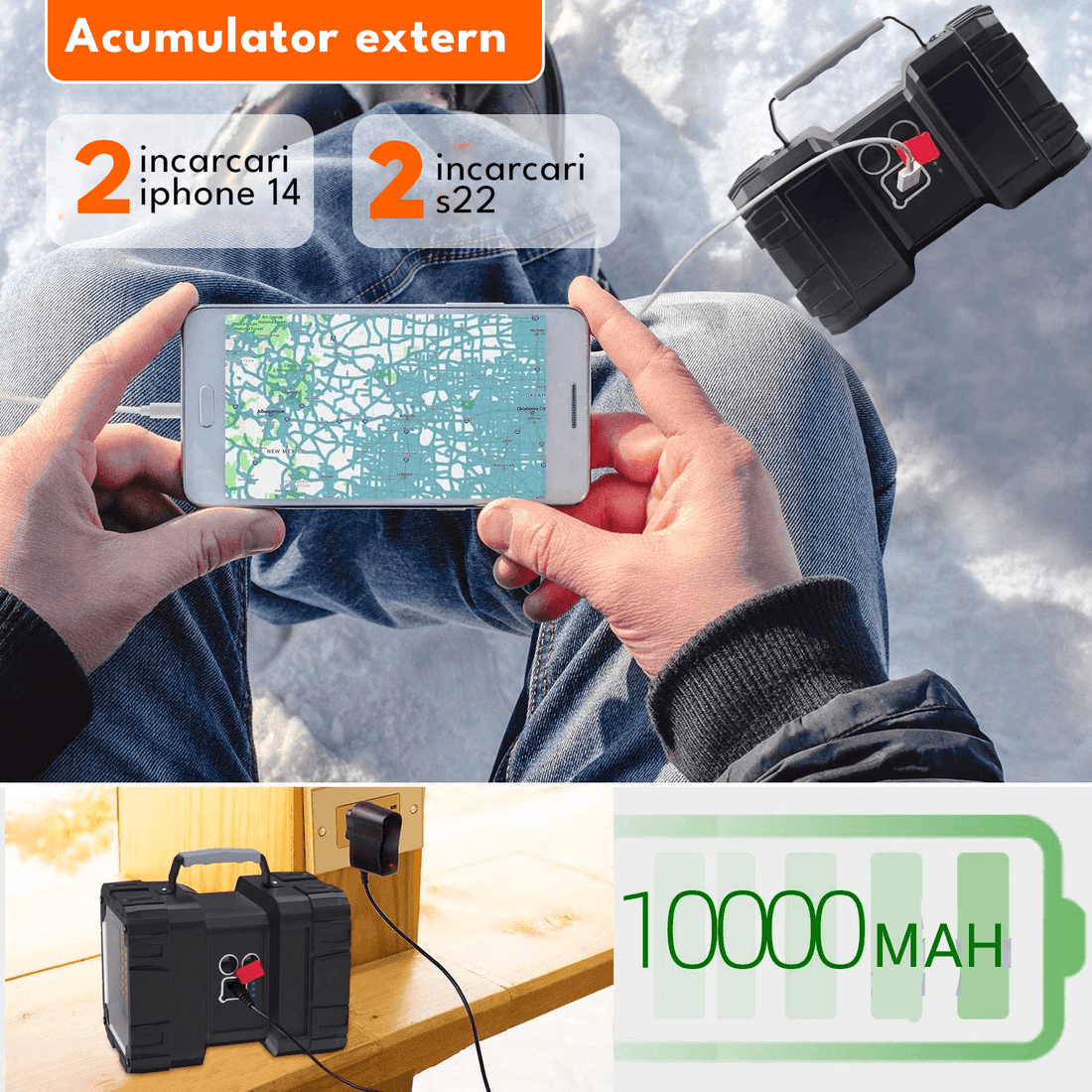 Lanterna Multifuncțională Reîncărcabilă, 10.000mAh, Power Bank, 1200LM, 7 Moduri, IPX44, 2 Capete, Negru