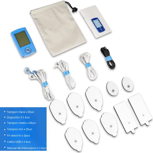 Aparat Masaj Electrostimulare, 24 Programe EMS, 10 Electrozi, 2 Canale, 20 Intensități, Display Digital, Albastru