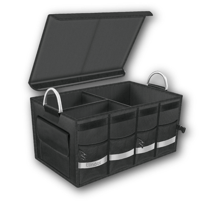 Organizator Portbagaj Auto Multifuncțional, Pliabil, 3 Compartimente, Capacitate 60L, Material Oxford 1680D, Bandă Reflectorizantă, 57 x 33.5 x 29 cm, Negru