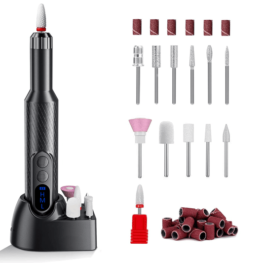 Freză unghii profesională wireless, 18.000 RPM, 12 capete, 36 benzi de șlefuire, neagră