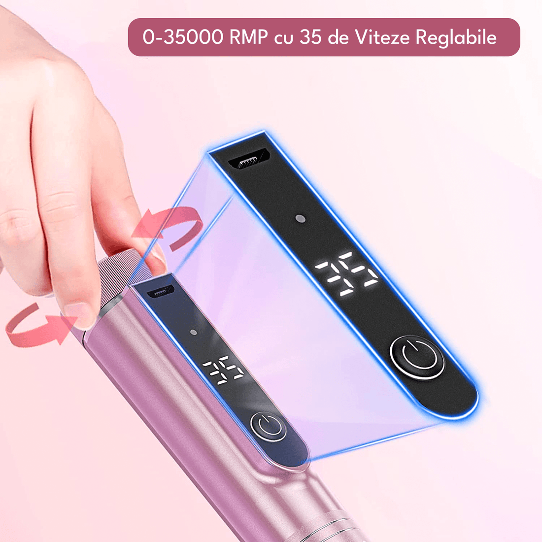 Freză unghii profesională wireless, 35.000 RPM, 11 capete, 6 benzi de șlefuire, roz deschis