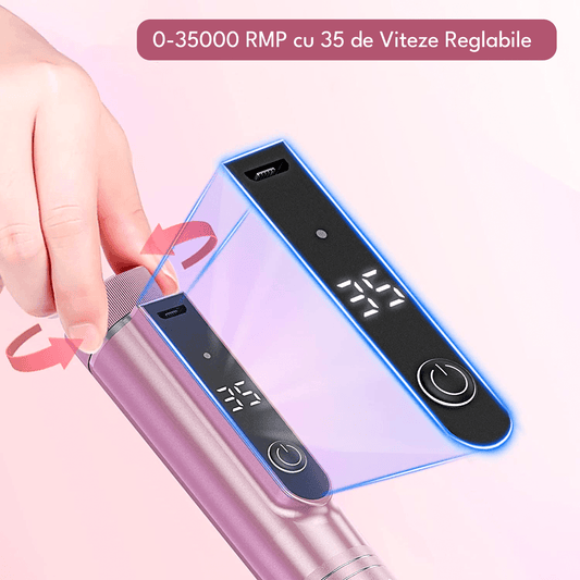 Freză unghii profesională wireless, 35.000 RPM, 11 capete, 6 benzi de șlefuire, roz deschis