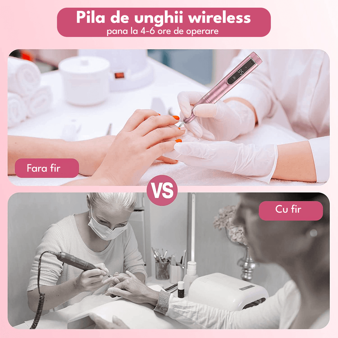 Freză unghii profesională wireless, 35.000 RPM, 11 capete, 6 benzi de șlefuire, roz deschis